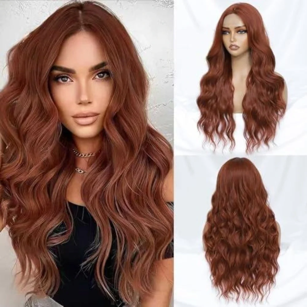 Long Wavy Copper‎ Red Auburn Synthetic Wig Heat Resistant Middle Part Body Wave
